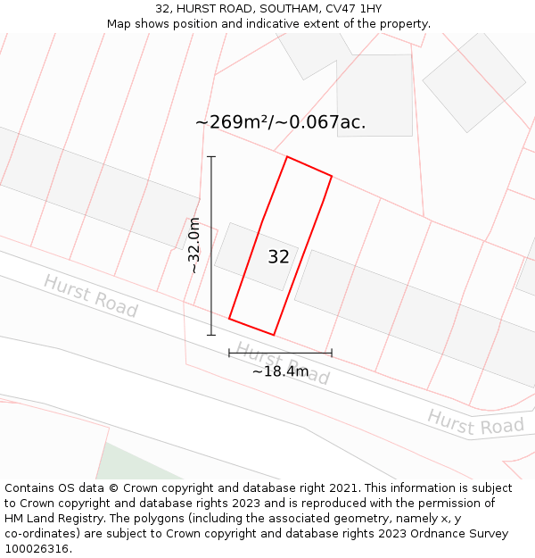 32, HURST ROAD, SOUTHAM, CV47 1HY: Plot and title map