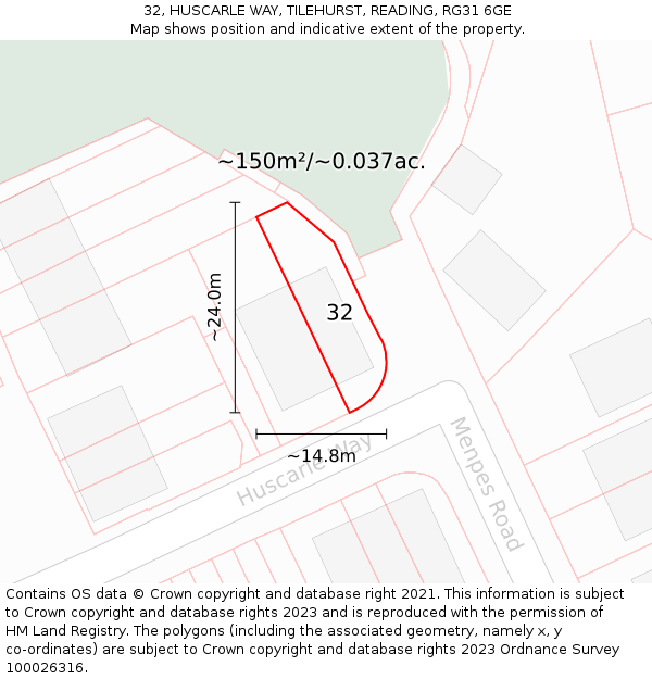 32, HUSCARLE WAY, TILEHURST, READING, RG31 6GE: Plot and title map