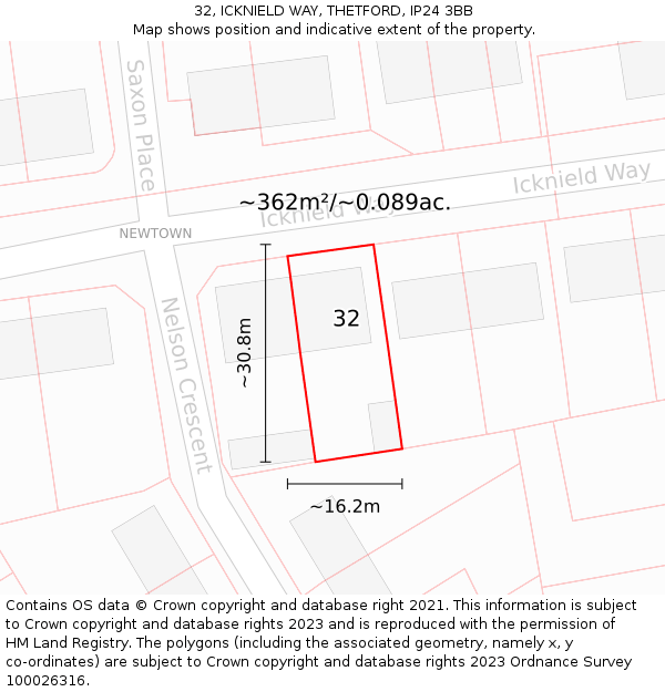 32, ICKNIELD WAY, THETFORD, IP24 3BB: Plot and title map