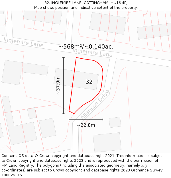 32, INGLEMIRE LANE, COTTINGHAM, HU16 4PJ: Plot and title map
