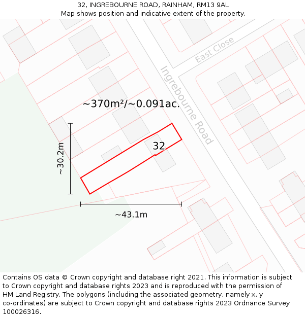 32, INGREBOURNE ROAD, RAINHAM, RM13 9AL: Plot and title map