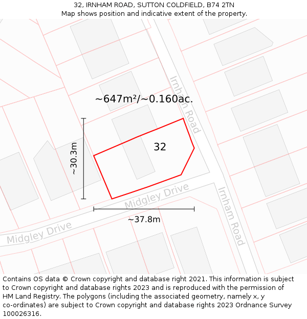 32, IRNHAM ROAD, SUTTON COLDFIELD, B74 2TN: Plot and title map