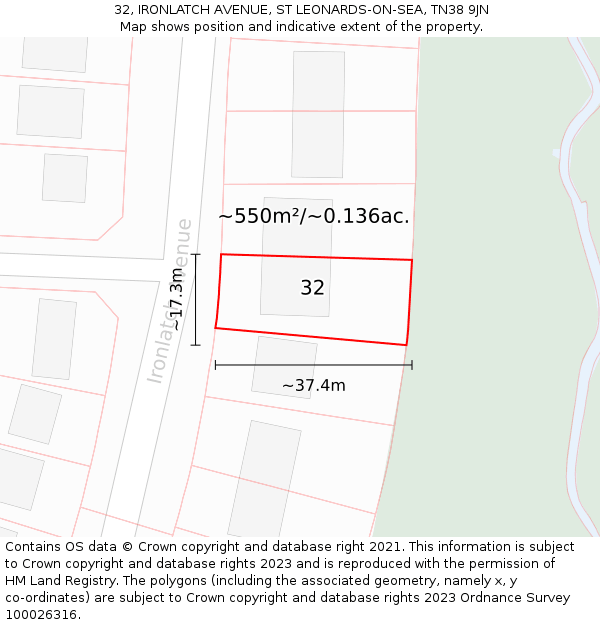 32, IRONLATCH AVENUE, ST LEONARDS-ON-SEA, TN38 9JN: Plot and title map