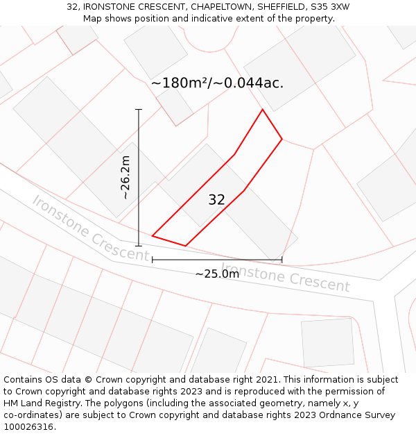 32, IRONSTONE CRESCENT, CHAPELTOWN, SHEFFIELD, S35 3XW: Plot and title map