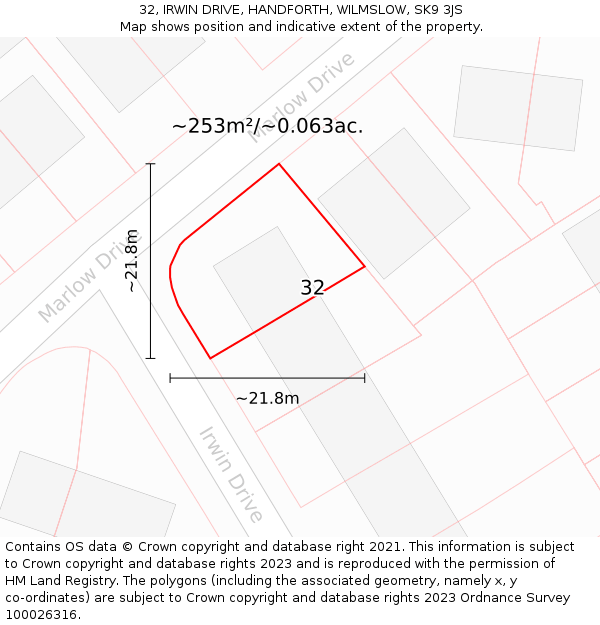 32, IRWIN DRIVE, HANDFORTH, WILMSLOW, SK9 3JS: Plot and title map
