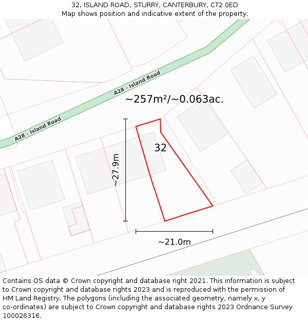 32, ISLAND ROAD, STURRY, CANTERBURY, CT2 0ED: Plot and title map