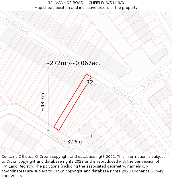 32, IVANHOE ROAD, LICHFIELD, WS14 9AY: Plot and title map
