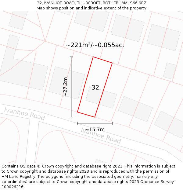 32, IVANHOE ROAD, THURCROFT, ROTHERHAM, S66 9PZ: Plot and title map