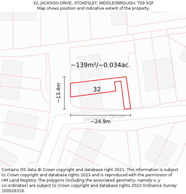 32, JACKSON DRIVE, STOKESLEY, MIDDLESBROUGH, TS9 5QF: Plot and title map