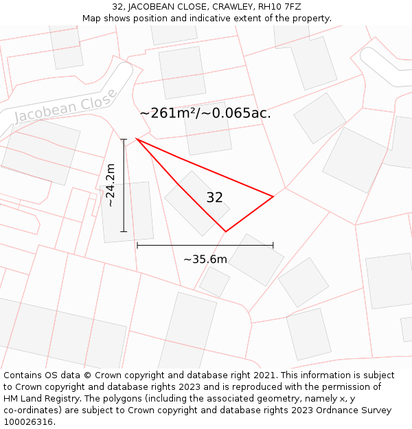 32, JACOBEAN CLOSE, CRAWLEY, RH10 7FZ: Plot and title map