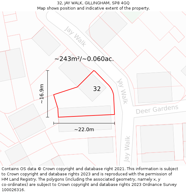32, JAY WALK, GILLINGHAM, SP8 4GQ: Plot and title map
