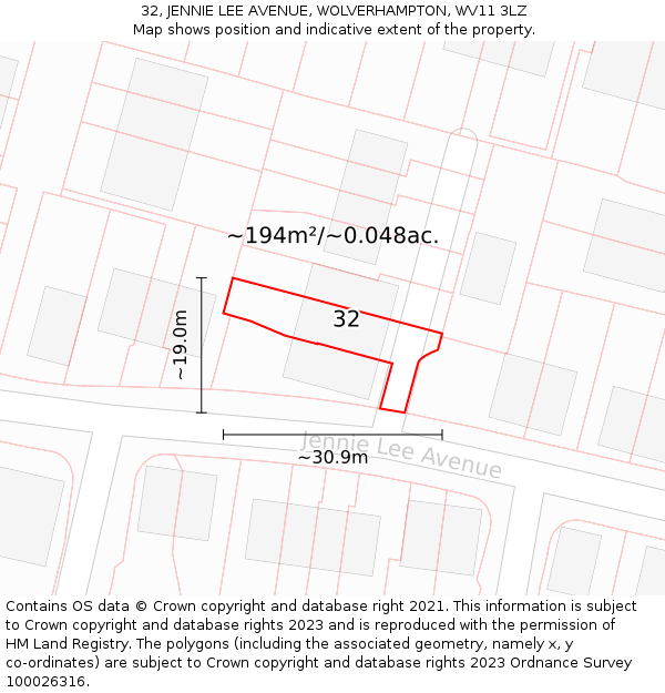 32, JENNIE LEE AVENUE, WOLVERHAMPTON, WV11 3LZ: Plot and title map