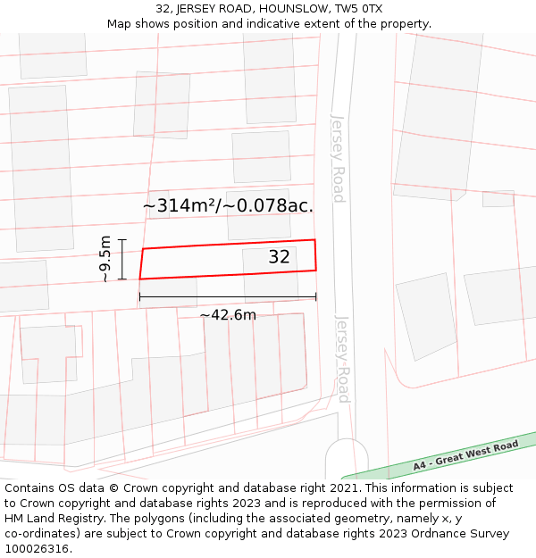 32, JERSEY ROAD, HOUNSLOW, TW5 0TX: Plot and title map