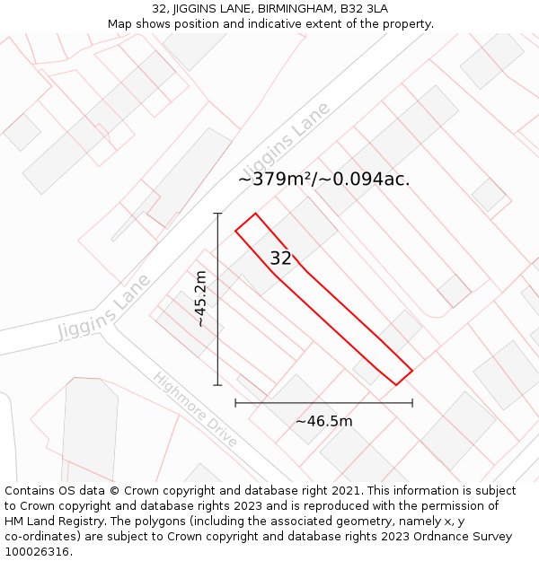 32, JIGGINS LANE, BIRMINGHAM, B32 3LA: Plot and title map