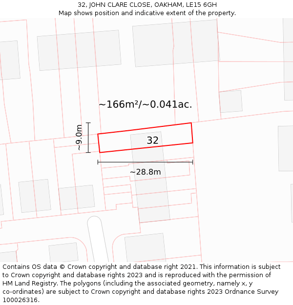 32, JOHN CLARE CLOSE, OAKHAM, LE15 6GH: Plot and title map