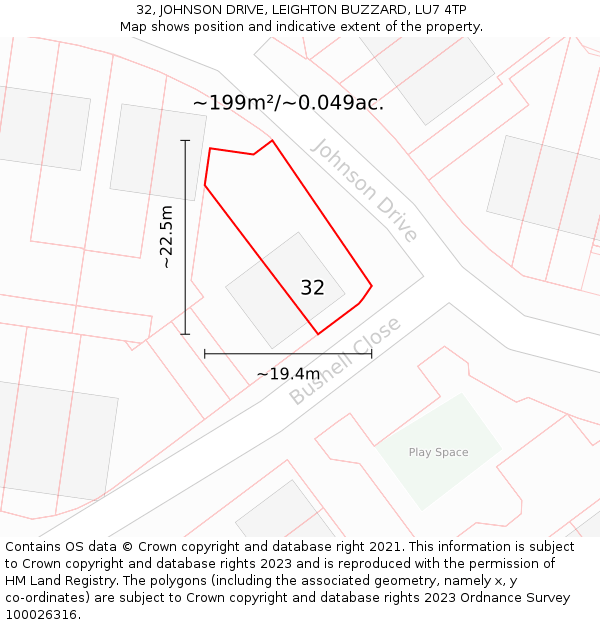 32, JOHNSON DRIVE, LEIGHTON BUZZARD, LU7 4TP: Plot and title map