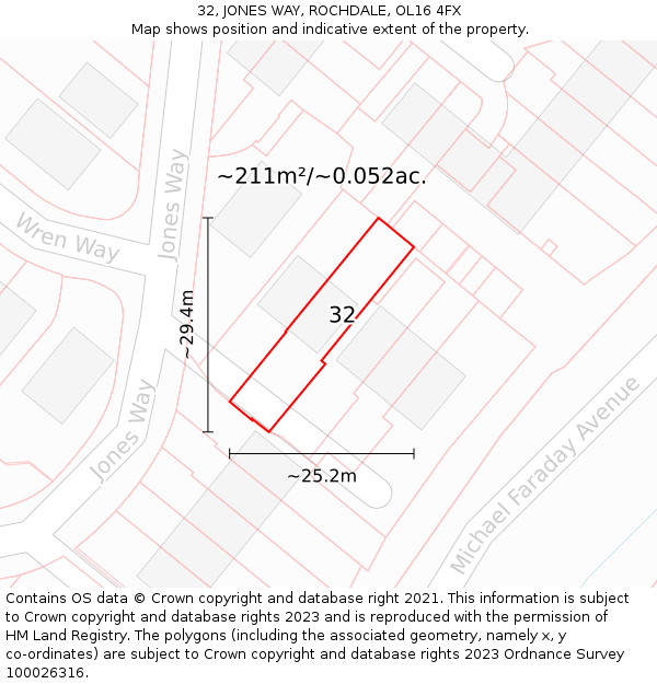 32, JONES WAY, ROCHDALE, OL16 4FX: Plot and title map