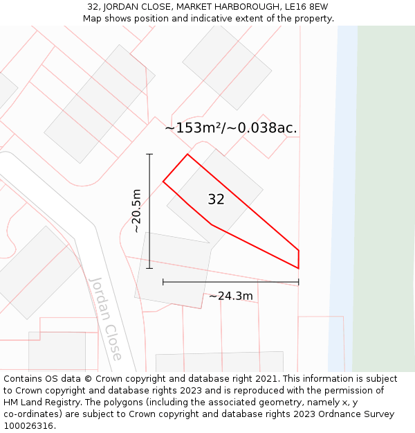 32, JORDAN CLOSE, MARKET HARBOROUGH, LE16 8EW: Plot and title map
