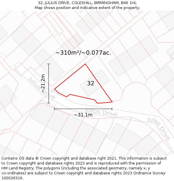 32, JULIUS DRIVE, COLESHILL, BIRMINGHAM, B46 1HL: Plot and title map
