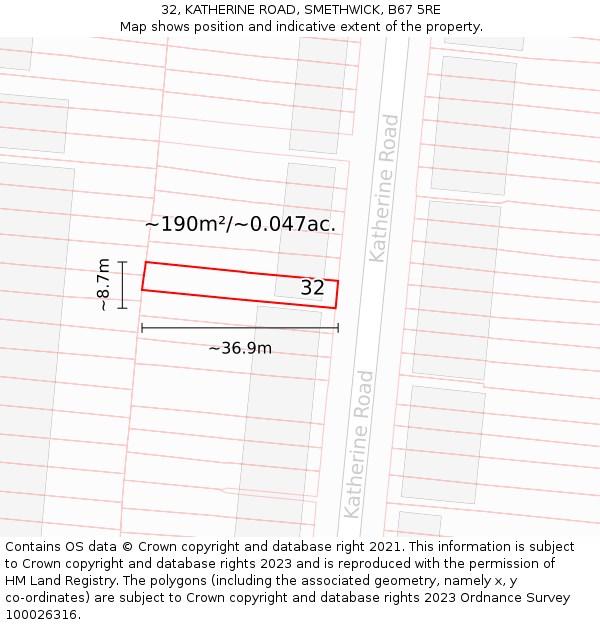 32, KATHERINE ROAD, SMETHWICK, B67 5RE: Plot and title map
