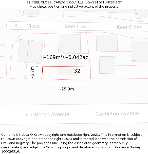 32, KEEL CLOSE, CARLTON COLVILLE, LOWESTOFT, NR33 8GT: Plot and title map
