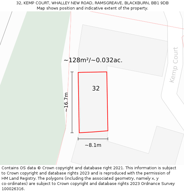 32, KEMP COURT, WHALLEY NEW ROAD, RAMSGREAVE, BLACKBURN, BB1 9DB: Plot and title map