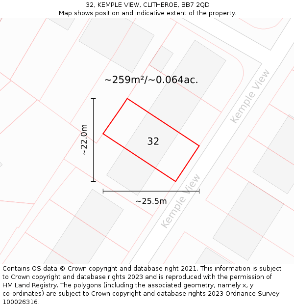 32, KEMPLE VIEW, CLITHEROE, BB7 2QD: Plot and title map