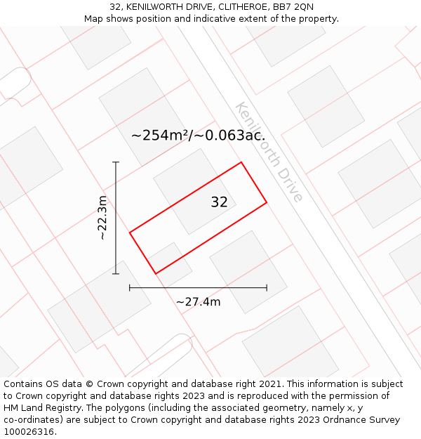 32, KENILWORTH DRIVE, CLITHEROE, BB7 2QN: Plot and title map