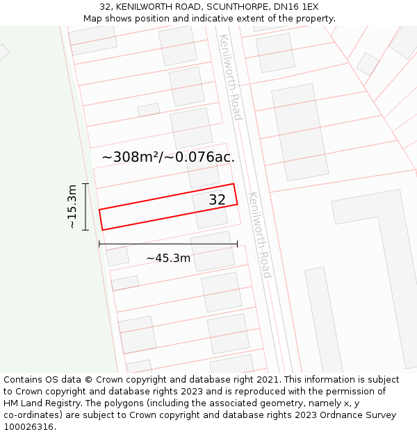 32, KENILWORTH ROAD, SCUNTHORPE, DN16 1EX: Plot and title map