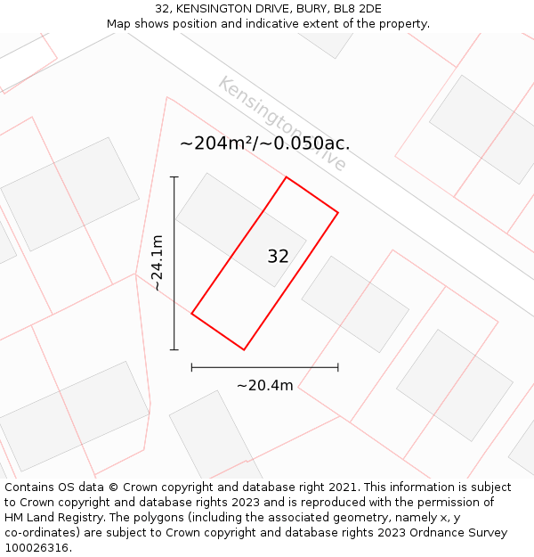 32, KENSINGTON DRIVE, BURY, BL8 2DE: Plot and title map