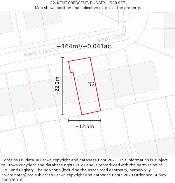 32, KENT CRESCENT, PUDSEY, LS28 9EB: Plot and title map
