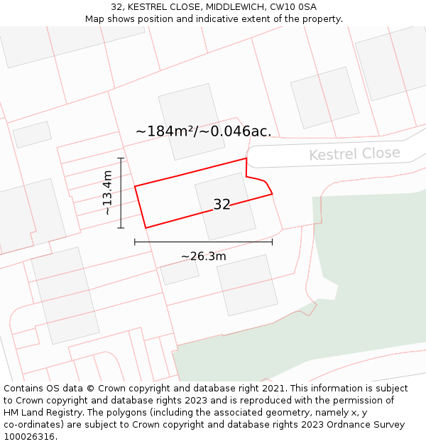 32, KESTREL CLOSE, MIDDLEWICH, CW10 0SA: Plot and title map