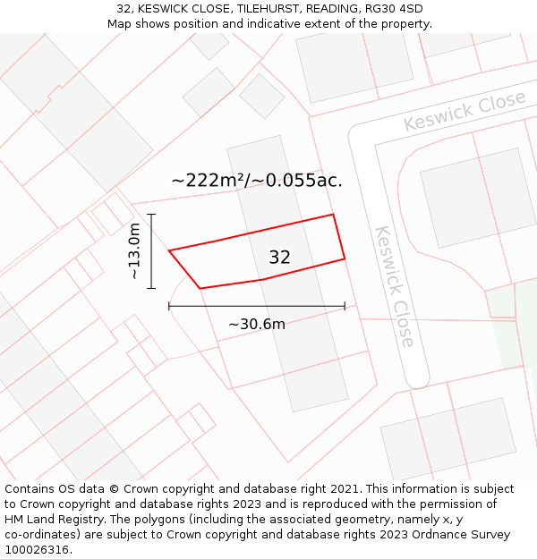 32, KESWICK CLOSE, TILEHURST, READING, RG30 4SD: Plot and title map