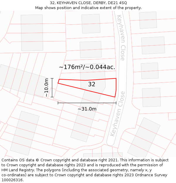 32, KEYHAVEN CLOSE, DERBY, DE21 4SQ: Plot and title map