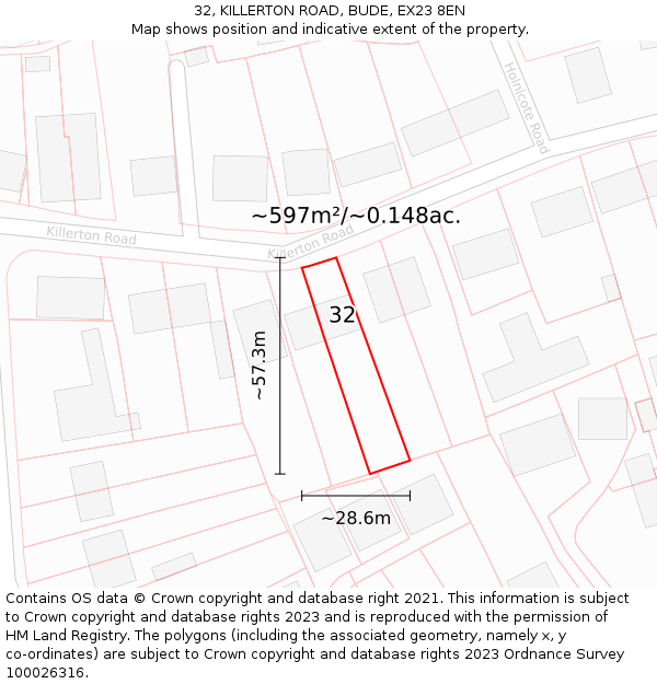 32, KILLERTON ROAD, BUDE, EX23 8EN: Plot and title map