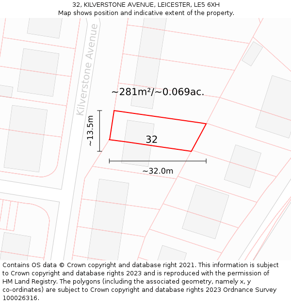 32, KILVERSTONE AVENUE, LEICESTER, LE5 6XH: Plot and title map