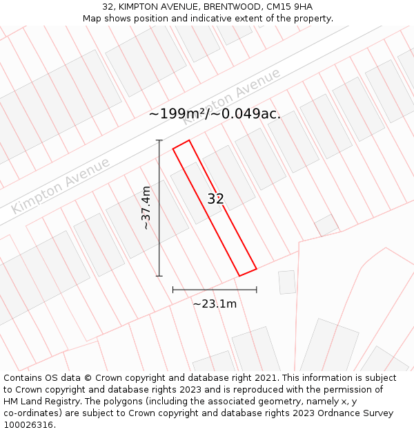 32, KIMPTON AVENUE, BRENTWOOD, CM15 9HA: Plot and title map