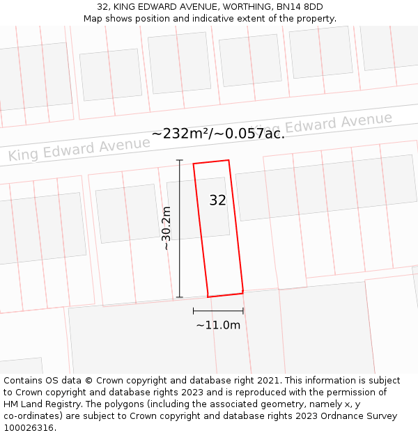 32, KING EDWARD AVENUE, WORTHING, BN14 8DD: Plot and title map