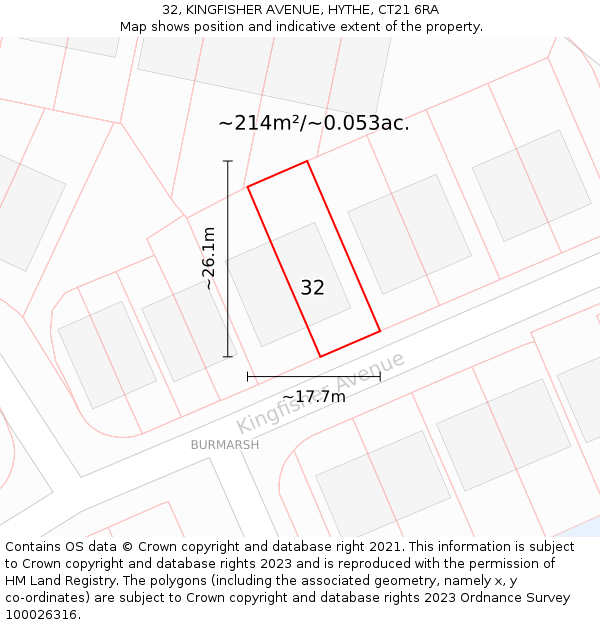 32, KINGFISHER AVENUE, HYTHE, CT21 6RA: Plot and title map