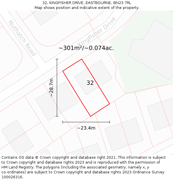 32, KINGFISHER DRIVE, EASTBOURNE, BN23 7RL: Plot and title map
