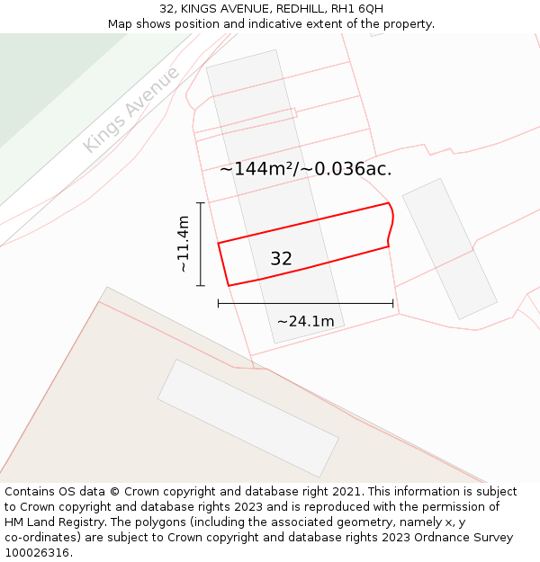 32, KINGS AVENUE, REDHILL, RH1 6QH: Plot and title map