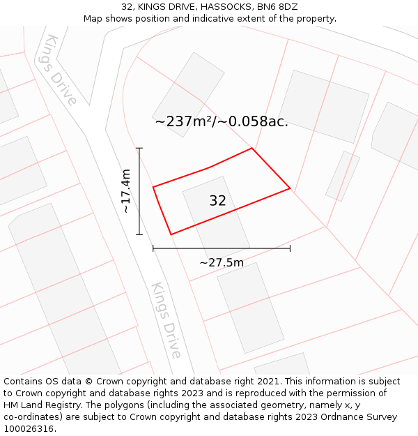 32, KINGS DRIVE, HASSOCKS, BN6 8DZ: Plot and title map