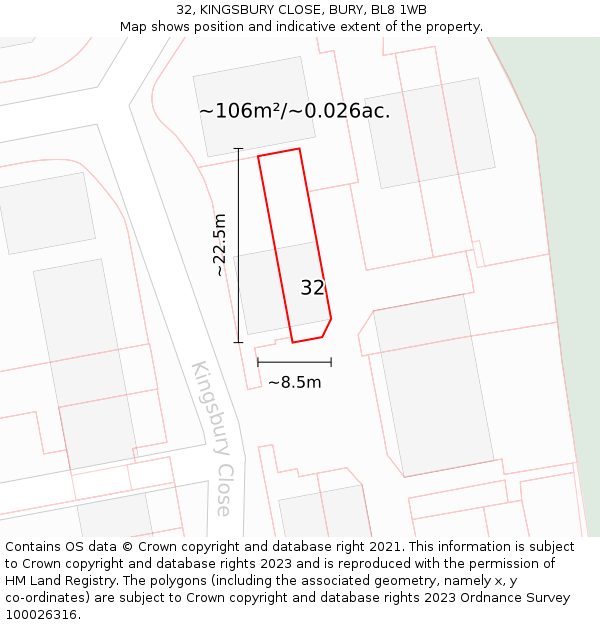 32, KINGSBURY CLOSE, BURY, BL8 1WB: Plot and title map