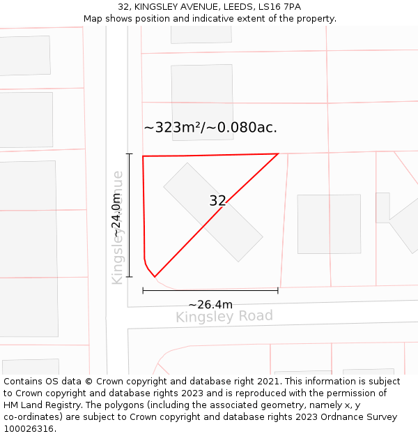 32, KINGSLEY AVENUE, LEEDS, LS16 7PA: Plot and title map
