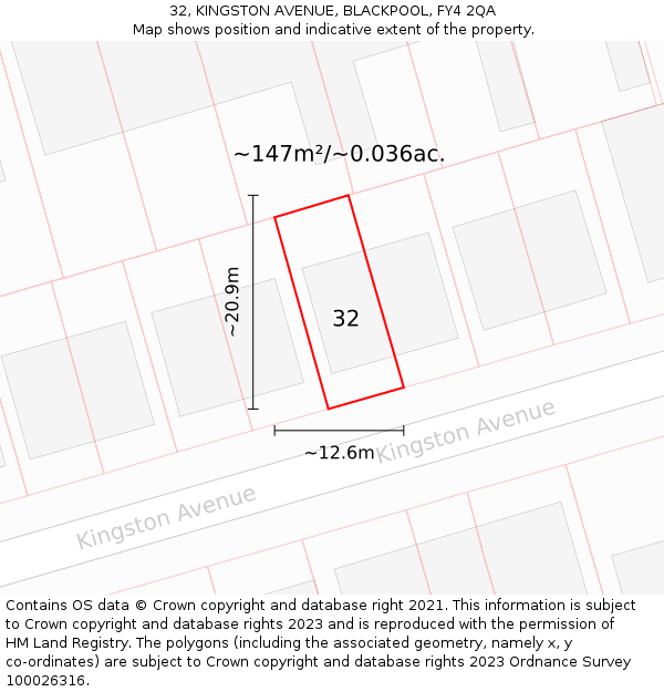 32, KINGSTON AVENUE, BLACKPOOL, FY4 2QA: Plot and title map