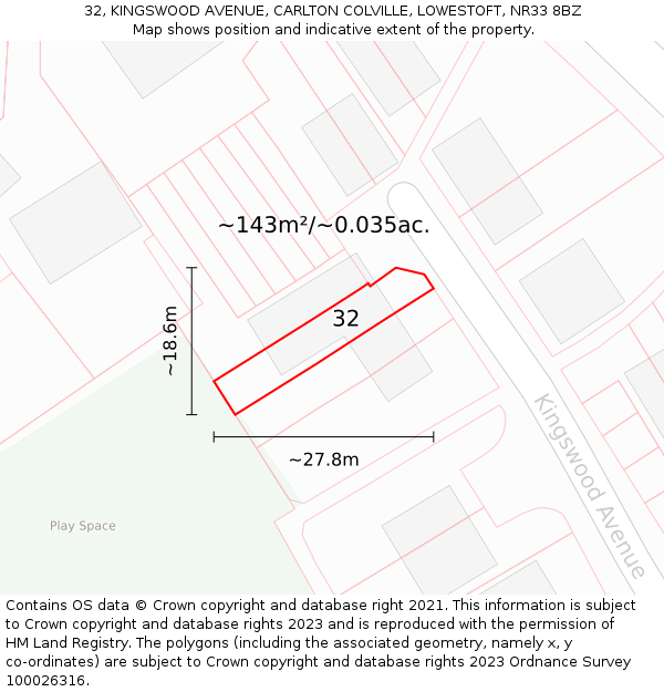 32, KINGSWOOD AVENUE, CARLTON COLVILLE, LOWESTOFT, NR33 8BZ: Plot and title map