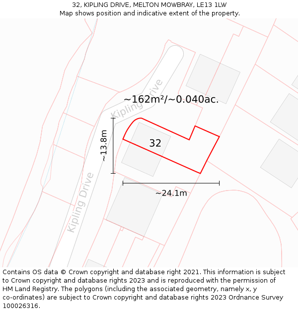 32, KIPLING DRIVE, MELTON MOWBRAY, LE13 1LW: Plot and title map