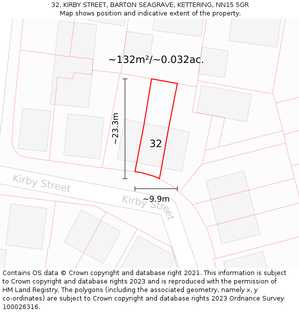 32, KIRBY STREET, BARTON SEAGRAVE, KETTERING, NN15 5GR: Plot and title map