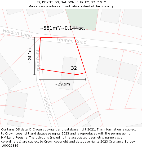 32, KIRKFIELDS, BAILDON, SHIPLEY, BD17 6HY: Plot and title map