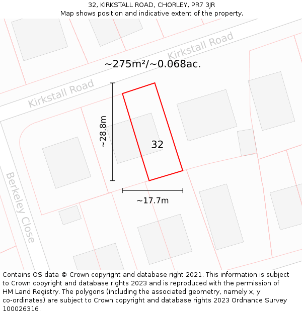 32, KIRKSTALL ROAD, CHORLEY, PR7 3JR: Plot and title map